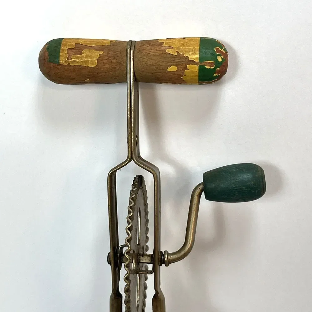 Antique A&J USA High Speed Hand Mixer Egg Beater Vintage Green Wood Handle